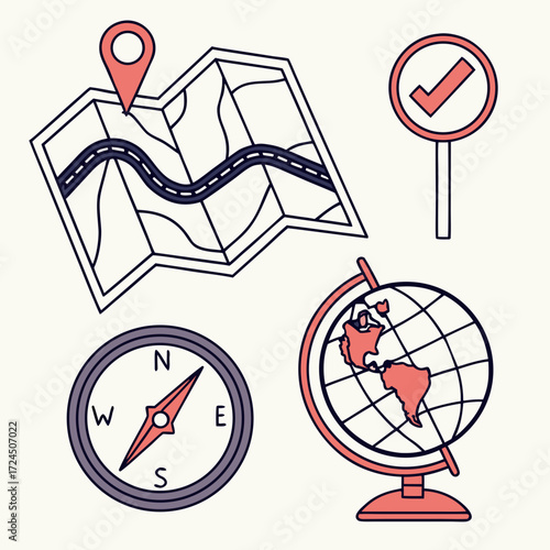 A collection of travel icons including a folded map with a location pin a compass a globe and a road sign with a checkmark all in a simple illustrative style