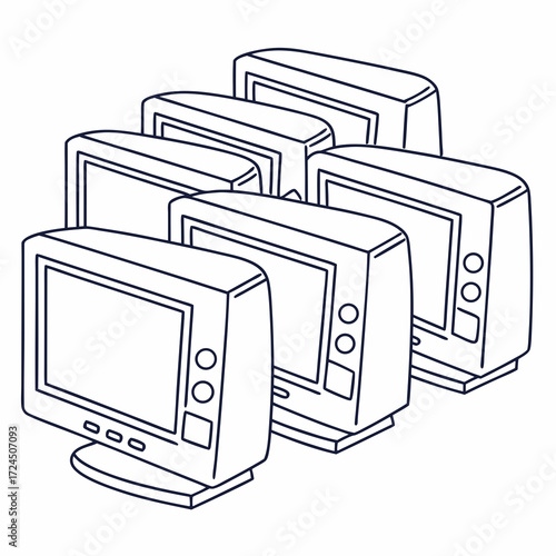 A collection of vintage computer monitors arranged in a staggered row depicted as a simple line art illustration with a clean outline and no color