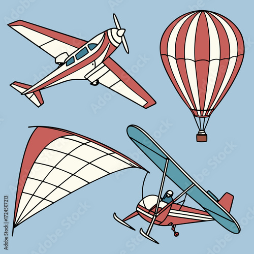 A collection of vintage style cartoon aircraft including a propeller plane hot air balloon hang glider and ultralight aircraft against a clear blue sky