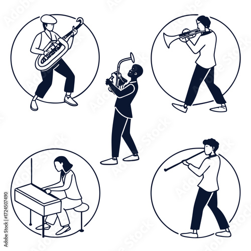 A diverse group of musicians playing various instruments including a saxophone trumpet keyboard clarinet and tuba in a stylized graphic illustration