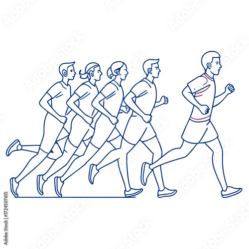 A group of diverse athletes running in a race showcasing teamwork and individual effort in a stylized line art illustration with a clean white background