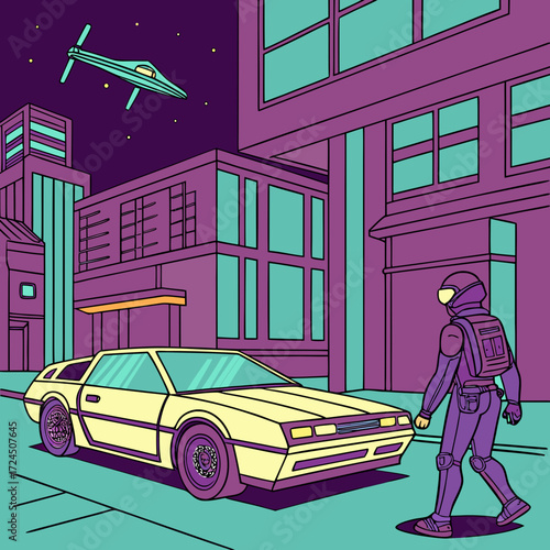 A lone astronaut in a futuristic purple suit walks towards a yellow retro sports car on a city street at night with a flying vehicle above