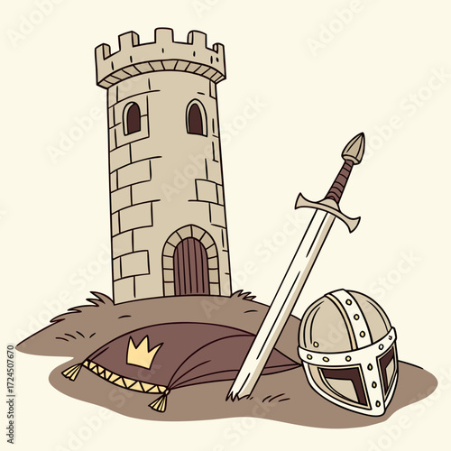 A medieval castle tower stands guard over a royal crown on a velvet cushion a knight s sword and helmet rest nearby symbolizing history and adventure
