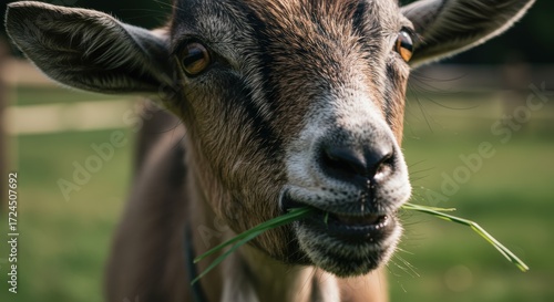 Goat eating grass close up