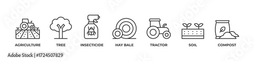 AgriTech and Nature Icons set vector illustration outline with Agriculture, Tree, Insecticide, Hay bale, Tractor, Soil, Compost