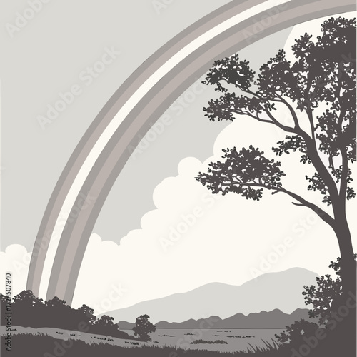A serene landscape unfolds with a large stylized rainbow arching over rolling hills and a tranquil body of water framed by silhouetted trees and fluffy clouds