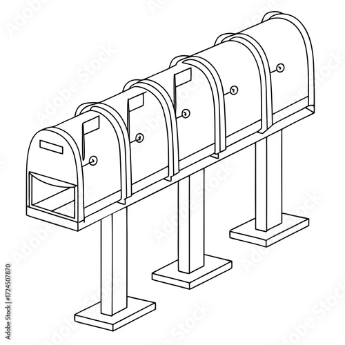 A row of three classic american mailboxes with flags raised and numbered rendered in a clean minimalist line art style on a white background perfect for design projects