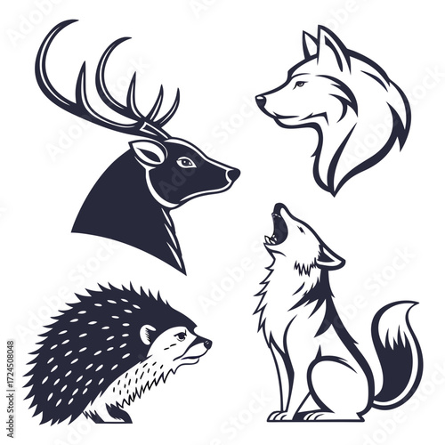 A striking collection of stylized wild animal heads including a majestic deer with antlers a fierce wolf profile a howling wolf and a prickly hedgehog presented in a clean graphic design