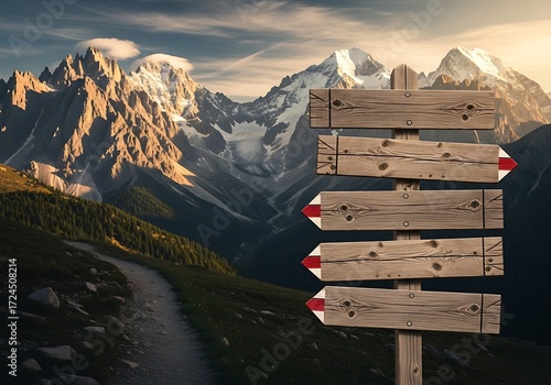 Mountain trail guidance: Wooden signpost indicating directions amidst snow-capped peaks offering a panoramic view of