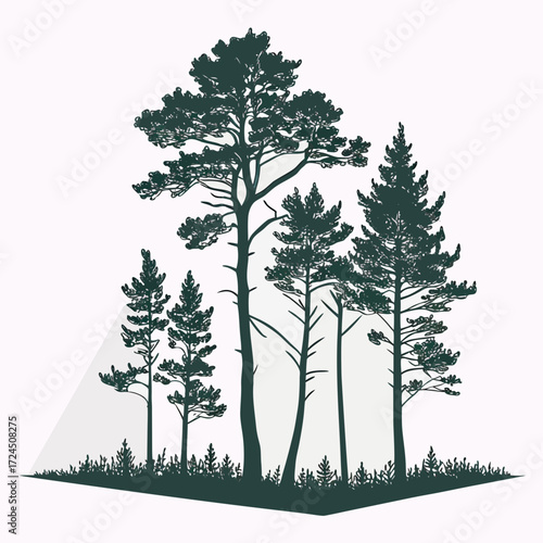 A stylized silhouette of a cluster of pine trees with a textured grassy foreground and a subtle geometric background element suggesting a landscape