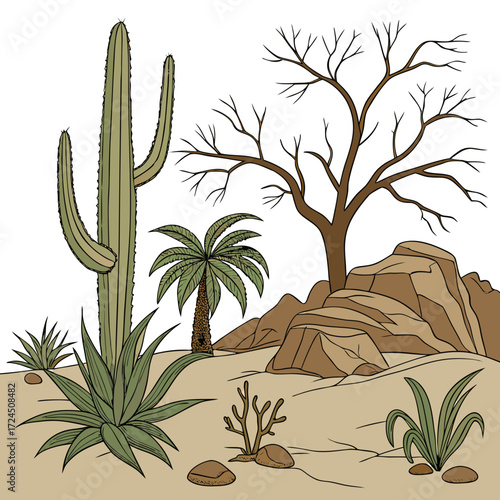 A vibrant desert landscape illustration featuring a tall saguaro cactus a leafy palm tree a barren deciduous tree and various desert plants and rock formations under a clear white sky