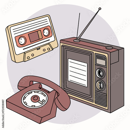A vintage collection of retro communication and entertainment devices including a rotary dial telephone a portable cassette tape player and a classic television set