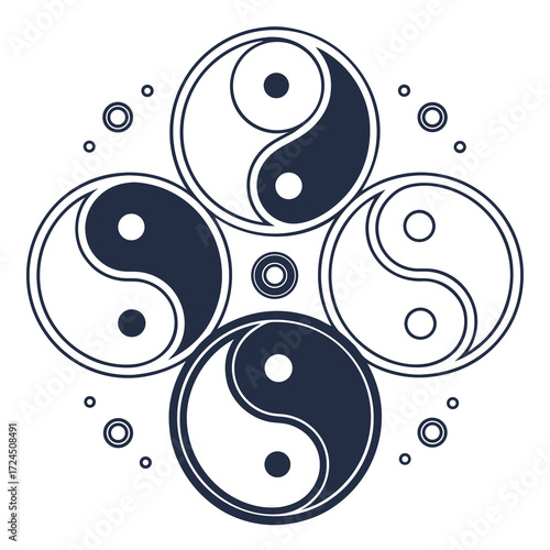 A visually striking and harmonious arrangement of four interconnected yin yang symbols forming a circular mandala design with decorative dots and circles