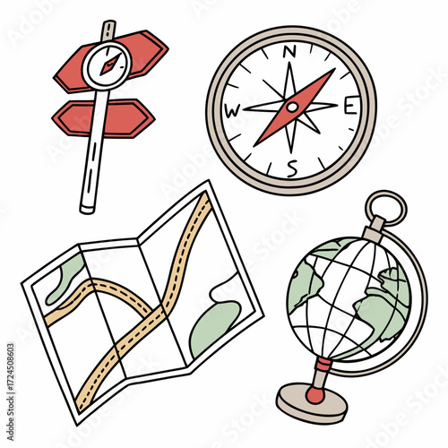 A whimsical collection of hand drawn travel and navigation icons including a compass a globe a folded map and a directional signpost with a small compass on a white background