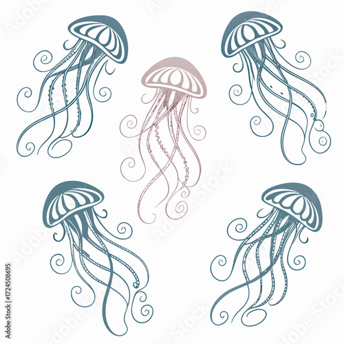 A whimsical illustration featuring five stylized jellyfish with flowing tentacles in muted teal and dusty rose hues against a clean white background creating an ethereal underwater scene
