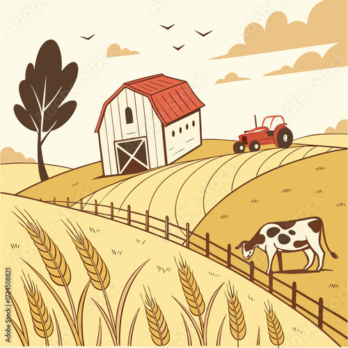 Charming cartoon illustration of a rustic farm scene with a red barn a tractor a cow grazing in a fenced pasture and wheat fields under a cloudy sky with birds flying overhead