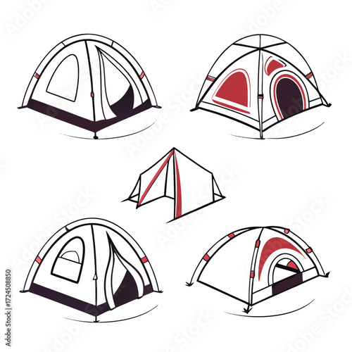 Collection of five simple hand drawn illustrations of camping tents in different styles and colors on a white background perfect for outdoor adventure themes