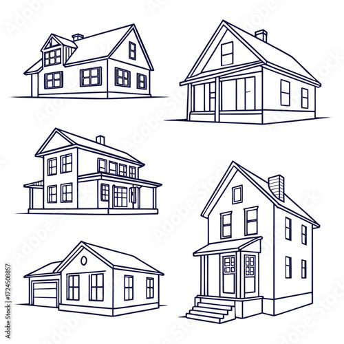 Collection of five distinct architectural line drawings showcasing various styles of residential houses and homes with detailed outlines and simple designs on a white background
