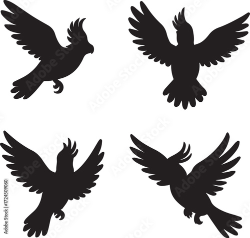 Cockatoo bird silhouette icons set side, front, back, and top views vector art illustration