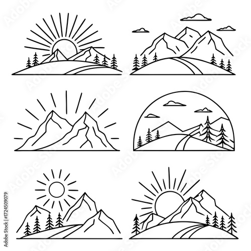 Collection of minimalist line art illustrations depicting mountain ranges with sunrises sunsets and trees in a simple outline style