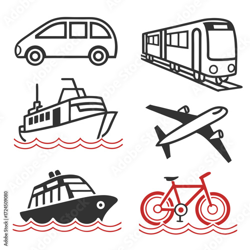 Collection of simplified transportation icons including a car train airplane two boats and a bicycle depicted on a white background with stylized red waves