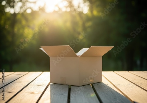 Open Cardboard Box on Wood Table Top with Bright Bokeh Background in Natural Setting