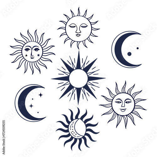 Collection of stylized celestial bodies including suns with faces and crescent moons with stars in a simple dark blue line art style on a white background