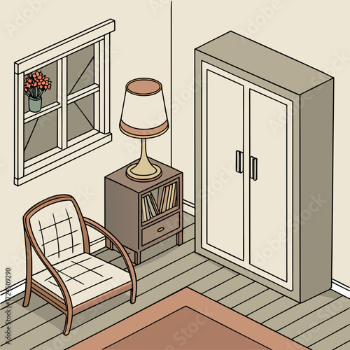 Cozy isometric living room scene featuring a comfortable armchair a bedside table with a lamp and books a tall wardrobe a window with flowers and a rug on a wooden floor