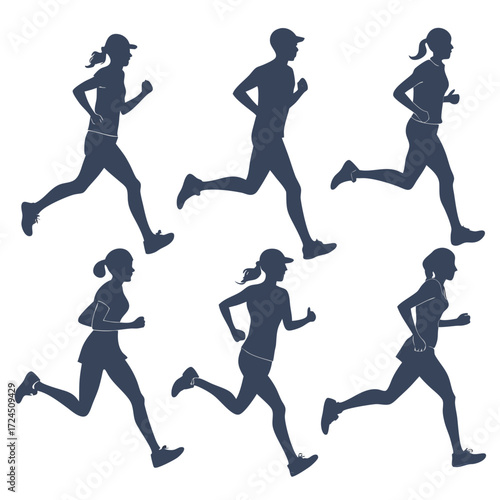 Diverse group of six athletic individuals including men and women depicted in silhouette form running in various poses against a clean white background