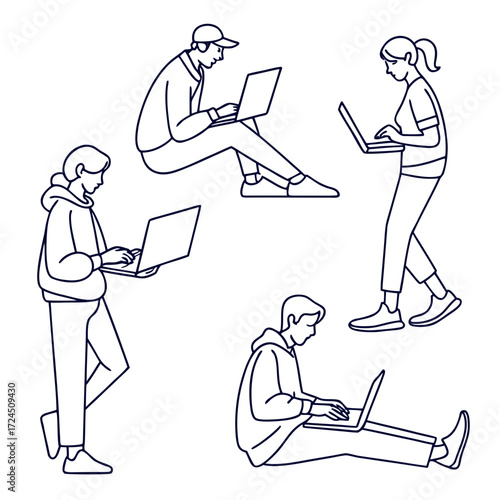 Diverse group of young adults in casual clothing using laptops in various dynamic poses illustrating modern digital life and remote work concepts with clean line art