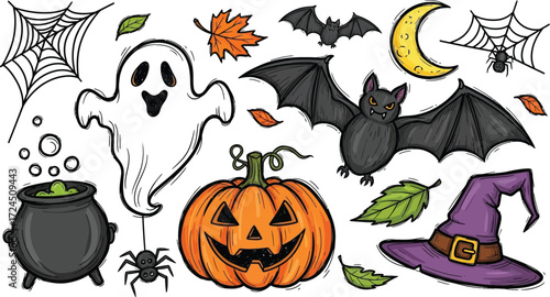 A halloween themed illustration featuring a ghost, bats, pumpkin, cauldron, and witch hat on white