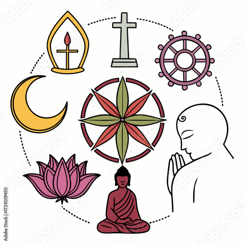 Diverse religious symbols and figures including a crescent moon christian cross dharma wheel bishop s mitre lotus flower and buddha in meditation representing global faiths and spirituality