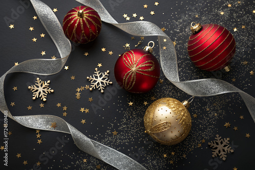 Festive Ornament Ensemble: This striking close-up captures the essence of the season, showcasing an array of shimmering ornaments, delicate ribbons, and sparkling details, bathed in soft lighting.