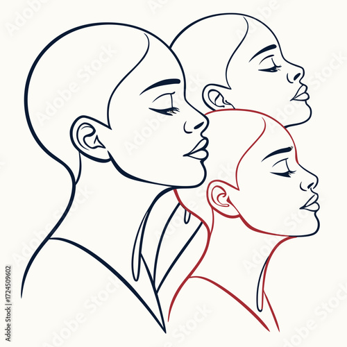 Elegant minimalist line art illustration of three diverse women s profiles facing right with eyes closed and serene expressions in navy blue and red outlines on a cream background