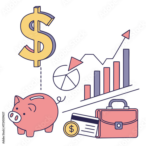Financial growth and savings concept illustrated with a piggy bank dollar sign credit card briefcase and upward trending bar and line graphs depicting business success