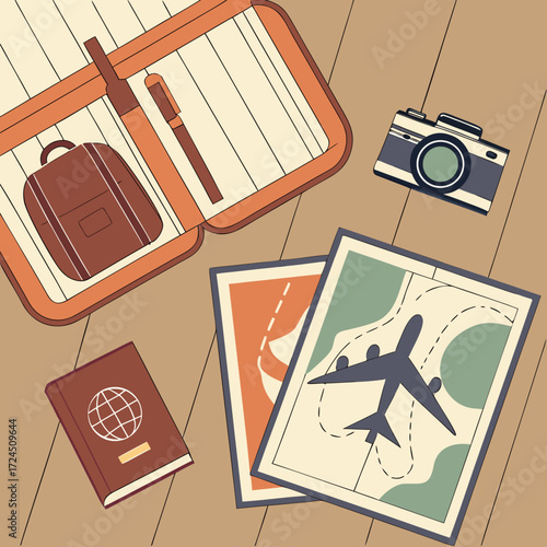 Flat lay of travel essentials including a passport camera maps with airplane routes and a travel organizer with a backpack and pen on a wooden surface perfect for vacation planning and adventure