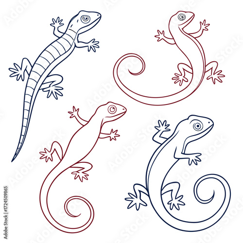 Four stylized line art illustrations of geckos or lizards in navy blue and burgundy outlines on a white background