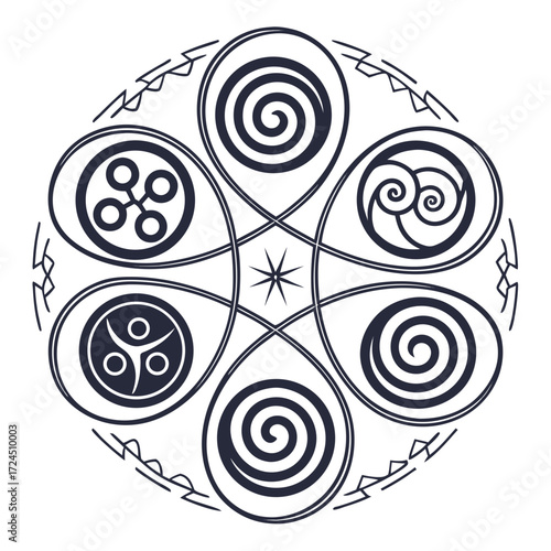 Intricate circular celtic knotwork design featuring swirling spirals and symbolic circular emblems arranged symmetrically around a central starburst pattern