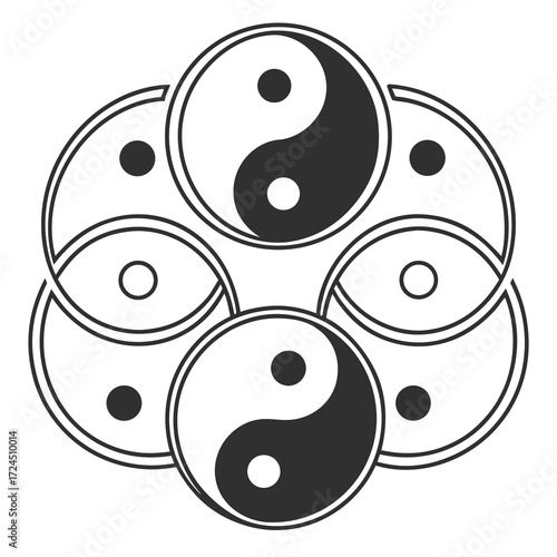 Interlocking yin yang symbols forming a circular mandala pattern representing balance harmony and complementary opposites in a stylized geometric design