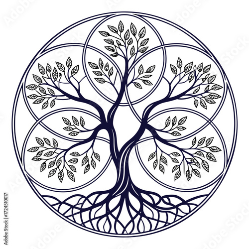 Intricate dark blue line art of a stylized tree with detailed roots and leaves within a circular geometric pattern of overlapping circles and arcs on a white background