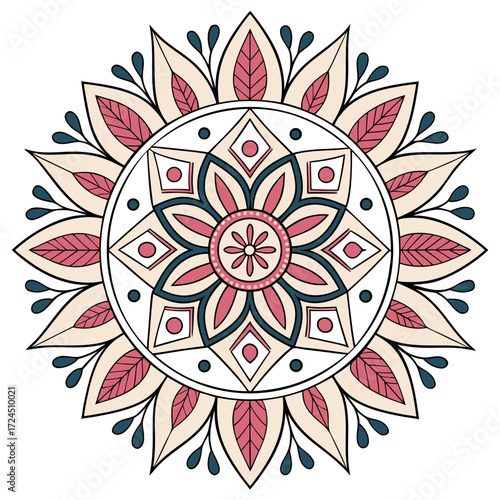 Intricate circular mandala design with petal like shapes and geometric patterns in soft pink teal and cream colors isolated on white background