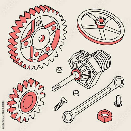 Isometric illustration of various mechanical components including gears a motor a pulley a wrench and fasteners presented on a neutral background with a clean line art style and subtle red accents