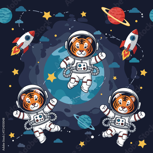 Playful cartoon tiger astronauts float in space among planets stars and rockets Kids adventure