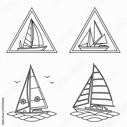 Set of four simple line art illustrations of sailboats in various styles including triangular frames and open water with seagulls and waves