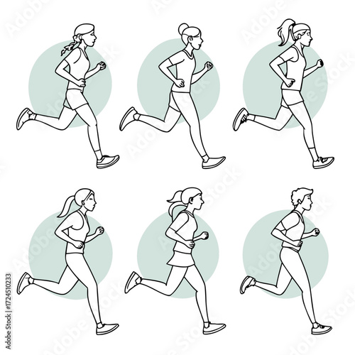 Set of six diverse women running in profile view with simple line art and light green circular backgrounds representing movement and energy