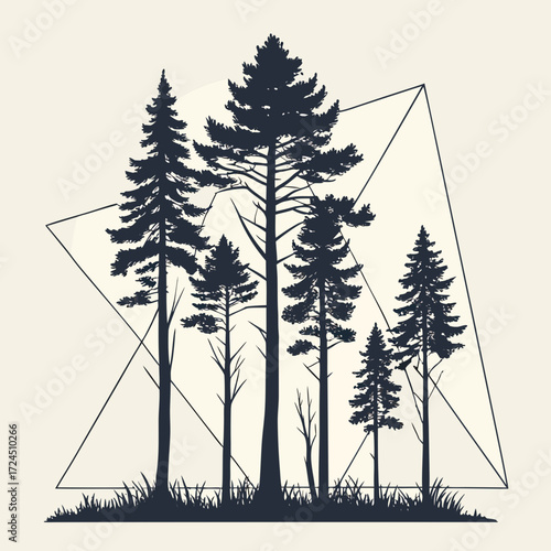 Silhouette of a dense pine forest with tall evergreen trees standing against a minimalist geometric triangle design on a cream background