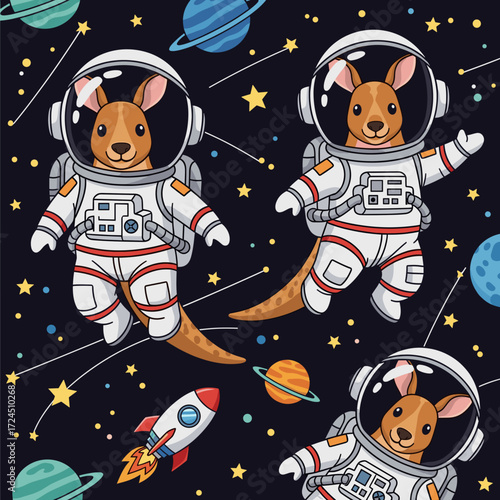 Cute cartoon kangaroos in astronaut suits float in space among planets stars and rockets Fun design