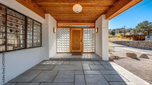 Wooden front door shows classic design in daylight