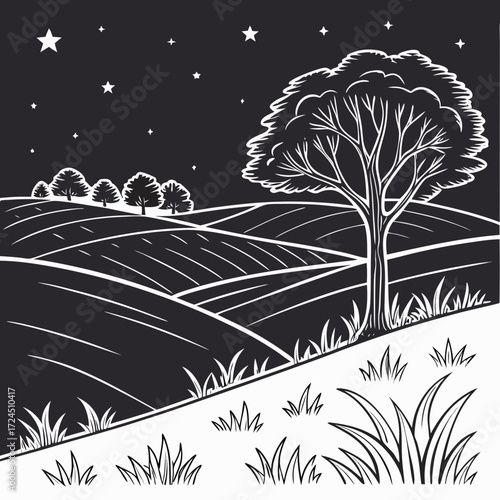 Stylized black and white illustration of rolling hills with a large tree and smaller trees under a starry night sky evoking a peaceful rural landscape