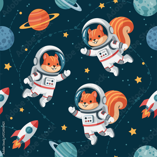 Cute squirrel astronauts explore planets and rockets in a whimsical space pattern Kids design concept